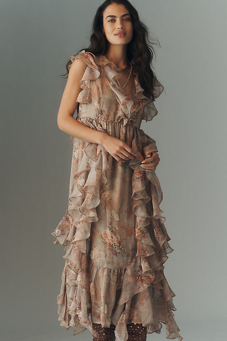 Anthropologie Ruffled Sleeveless Plunge Midi Dress, NWT, Size S